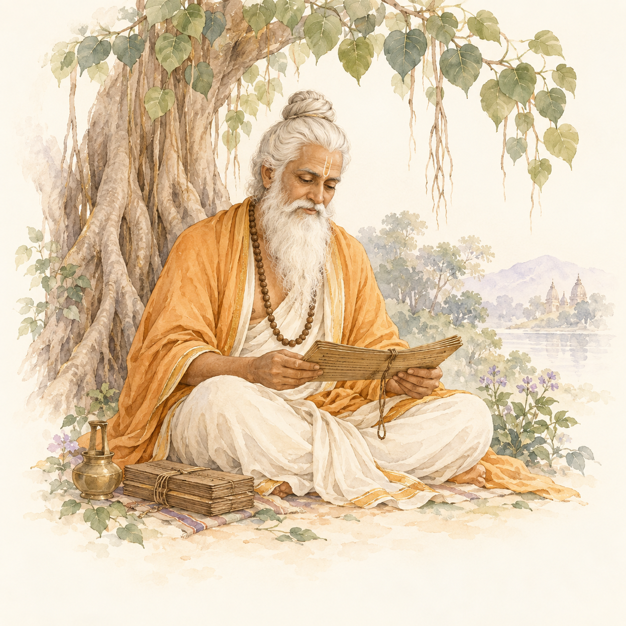 Watercolour illustration of a sage studying a manuscript beneath a sacred tree